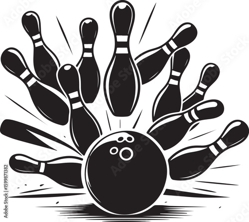 Vintage Bowling Ball Hitting Pins – Sports Silhouette vector.