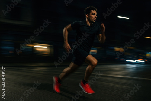 Man running in street at night.