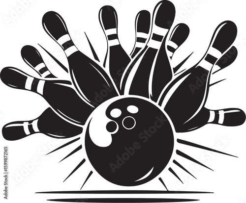 Vintage Bowling Ball Hitting Pins – Sports Silhouette vector.