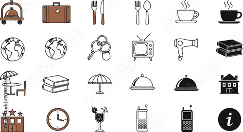 Hotel amenities and services vector icons set for travel and hospitality industry design and marketing use vector