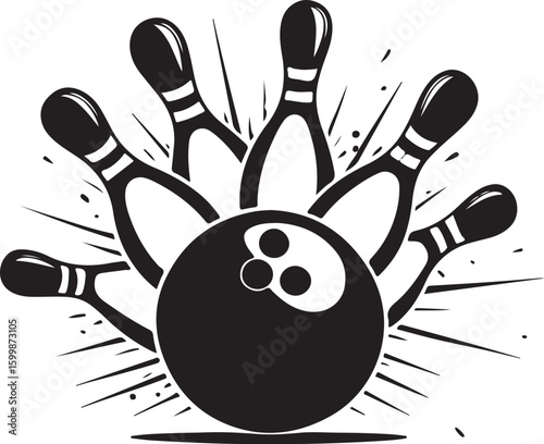 Vintage Bowling Ball Hitting Pins – Sports Silhouette vector.