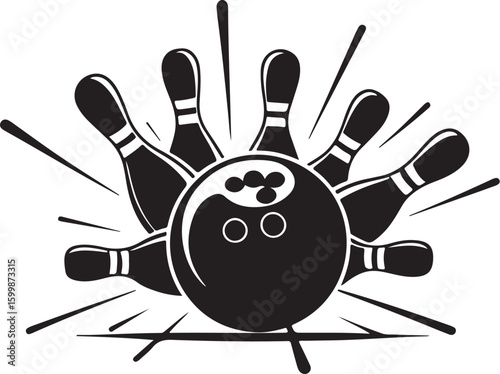 Vintage Bowling Ball Hitting Pins – Sports Silhouette vector.