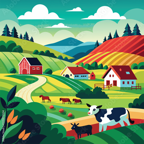 A vibrant rural landscape with cartoon cows grazing near a house and green trees under a summer sky