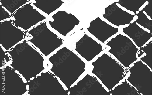 Abstract white paint strokes on dark grey chain link fence texture background black