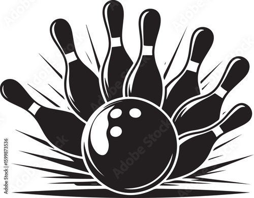 Vintage Bowling Ball Hitting Pins – Sports Silhouette vector.