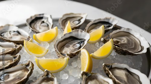 Fresh Raw Oysters Served on Crushed Ice with Yellow Lemon Wedges on a Silver Tray Gourmet Luxury on a light surface