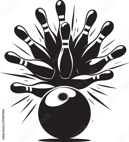 Vintage Bowling Ball Hitting Pins – Sports Silhouette vector.