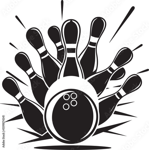 Vintage Bowling Ball Hitting Pins – Sports Silhouette vector.