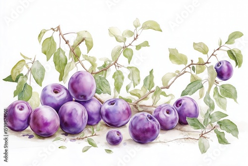 A watercolor drawing of soft purple plums, some perched on branches and others on the ground, encircled by fragile green foliage.