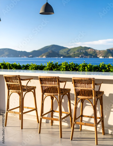 Wallpaper Mural Coastal Bar Stools with Sea View. Torontodigital.ca