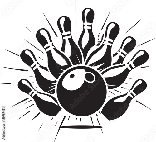 Vintage Bowling Ball Hitting Pins – Sports Silhouette vector.
