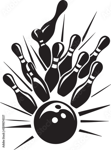 Vintage Bowling Ball Hitting Pins – Sports Silhouette vector.
