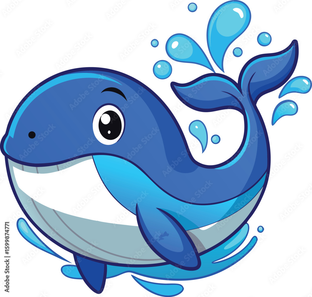 Obraz premium Cute cartoon marine animal, a dolphin with a ball, swimming in the blue ocean