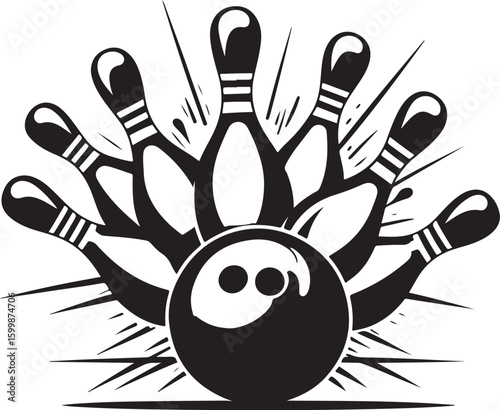 Vintage Bowling Ball Hitting Pins – Sports Silhouette vector.