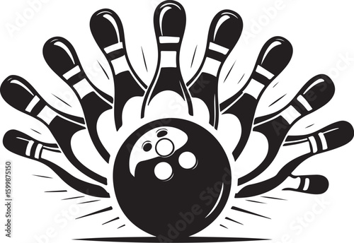 Vintage Bowling Ball Hitting Pins – Sports Silhouette vector.