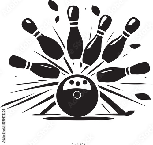 Vintage Bowling Ball Hitting Pins – Sports Silhouette vector.