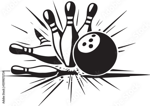 Vintage Bowling Ball Hitting Pins – Sports Silhouette vector.