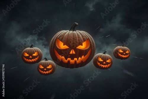 Spooky Flying Jack o lanterns Glowing Eerie Orange Light in the Halloween Night Sky