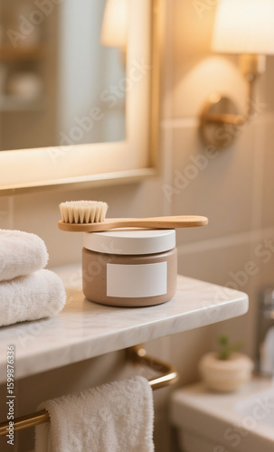 Natural body care set with a wooden brush and cosmetic cream jar on a marble shelf in a luxury bathroom. Self-care and wellness concept.