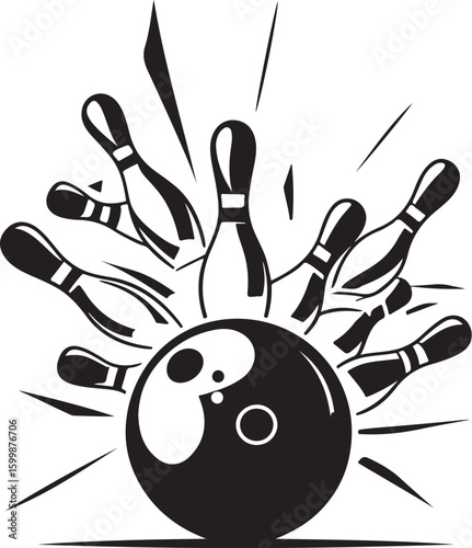Vintage Bowling Ball Hitting Pins – Sports Silhouette vector.