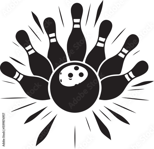 Vintage Bowling Ball Hitting Pins – Sports Silhouette vector.