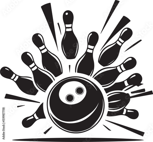 Vintage Bowling Ball Hitting Pins – Sports Silhouette vector.