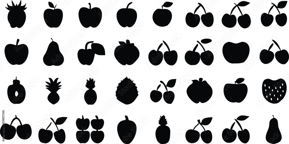 Fototapeta premium Fruit Silhouette Collection: A meticulously curated array of various fruit silhouettes, showcasing the diverse forms of natural produce in an artistic and striking visual manner. 
