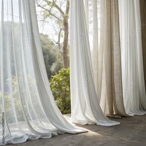 Sheer Elegance White and Beige Linen Curtains Draped, Natural Light, Window View, Fabric Texture, Home Decor Curtains, Linen