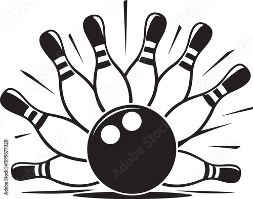Vintage Bowling Ball Hitting Pins – Sports Silhouette vector.