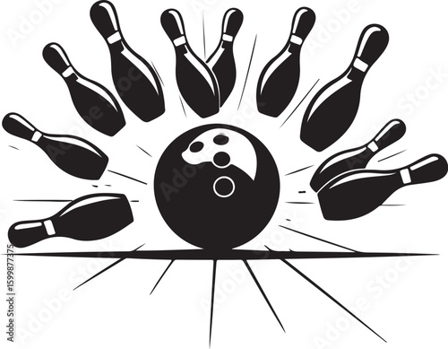Vintage Bowling Ball Hitting Pins – Sports Silhouette vector.