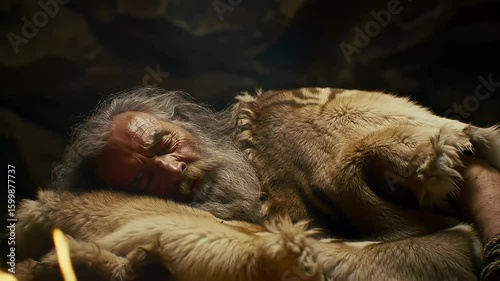 Caveman sleeps furs fire background history