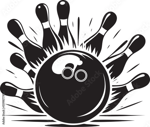 Vintage Bowling Ball Hitting Pins – Sports Silhouette vector.