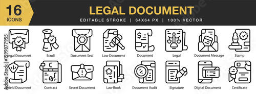 Legal Document icon set. Editable Stroke Icon Collection. Includes agreement, contract, legal, law, document, and More. Outline icons vector collection.