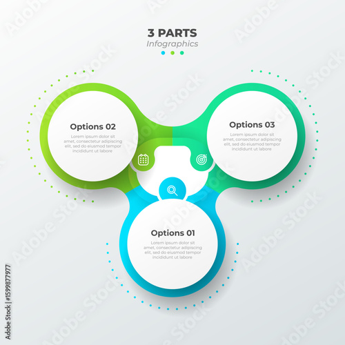 Modern 3 part infographic template for business and education. Perfect for business presentations, marketing materials, educational content, financial reports, workflow diagram.