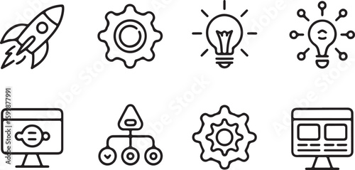 Set of business and technology icons representing process idea workflow and settings in a clean and modern line art style perfect for presentations and web