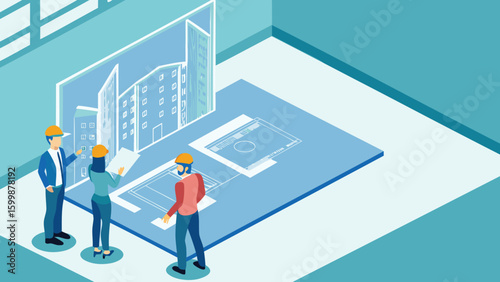 Architects reviewing building plans and blueprints on a large isometric table in a bright office space