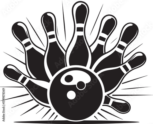 Vintage Bowling Ball Hitting Pins – Sports Silhouette vector.