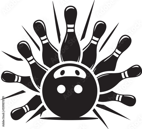 Vintage Bowling Ball Hitting Pins – Sports Silhouette vector.