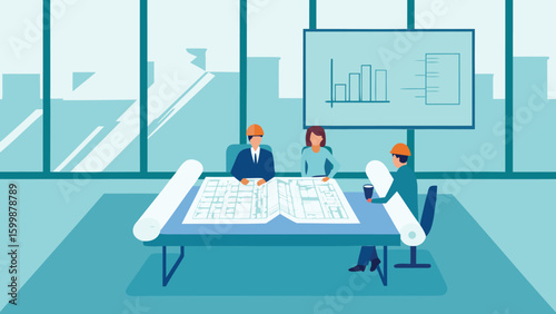 Team of architects reviewing blueprints and charts in a modern office with large windows view of city