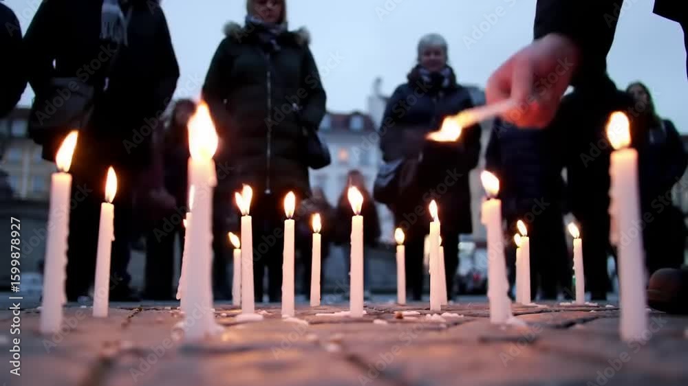 Vigil attendees lighting candles in a public square at dusk, creating a somber atmosphere