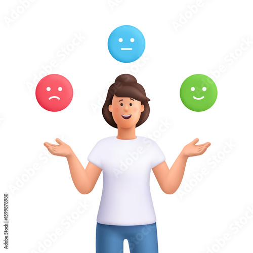 Young smiling woman Jane choice different emotions, showing to sad, neutral, happy emoji. Psychology, mental health, feedback concept. 3d vector people character. Cartoon minimal style.