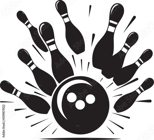 Vintage Bowling Ball Hitting Pins – Sports Silhouette vector.