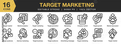 Target Marketing icon set. Editable Stroke Icon Collection. Includes business, target, strategy, success, marketing, and More. Outline icons vector collection.