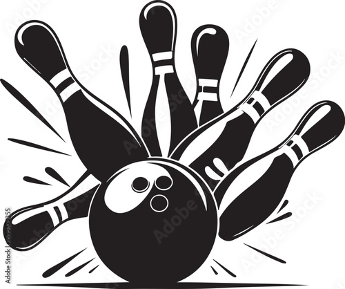 Vintage Bowling Ball Hitting Pins – Sports Silhouette vector.