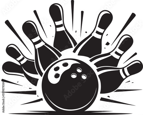 Vintage Bowling Ball Hitting Pins – Sports Silhouette vector.