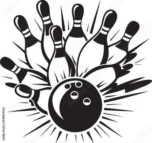 Vintage Bowling Ball Hitting Pins – Sports Silhouette vector.
