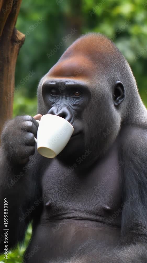 Gorila tomando una taza de café