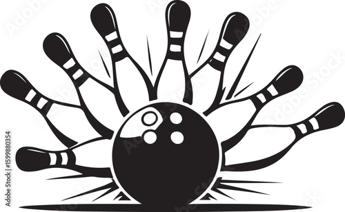 Vintage Bowling Ball Hitting Pins – Sports Silhouette vector.
