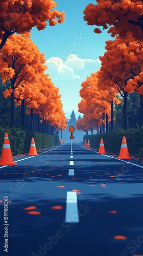 Scenic road flanked by vibrant orange trees under a bright blue sky photo style illustration