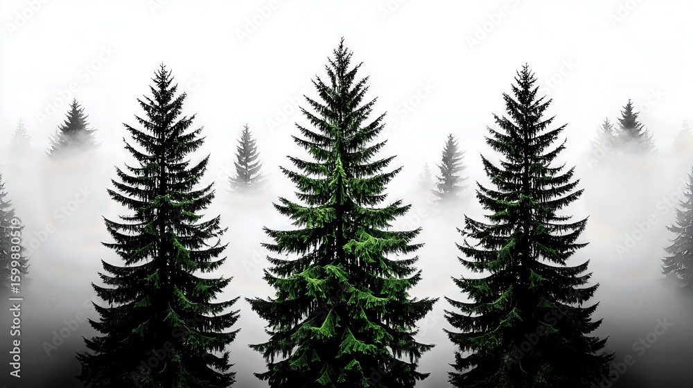 Misty Forest with Three Evergreen Trees Misty Forest with Three Evergreen Trees